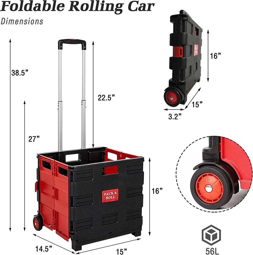 56L Large Folding Rolling Utility Shopping Cart Black & Red/Green