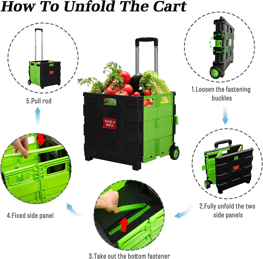 56L Large Folding Rolling Utility Shopping Cart Black & Red/Green