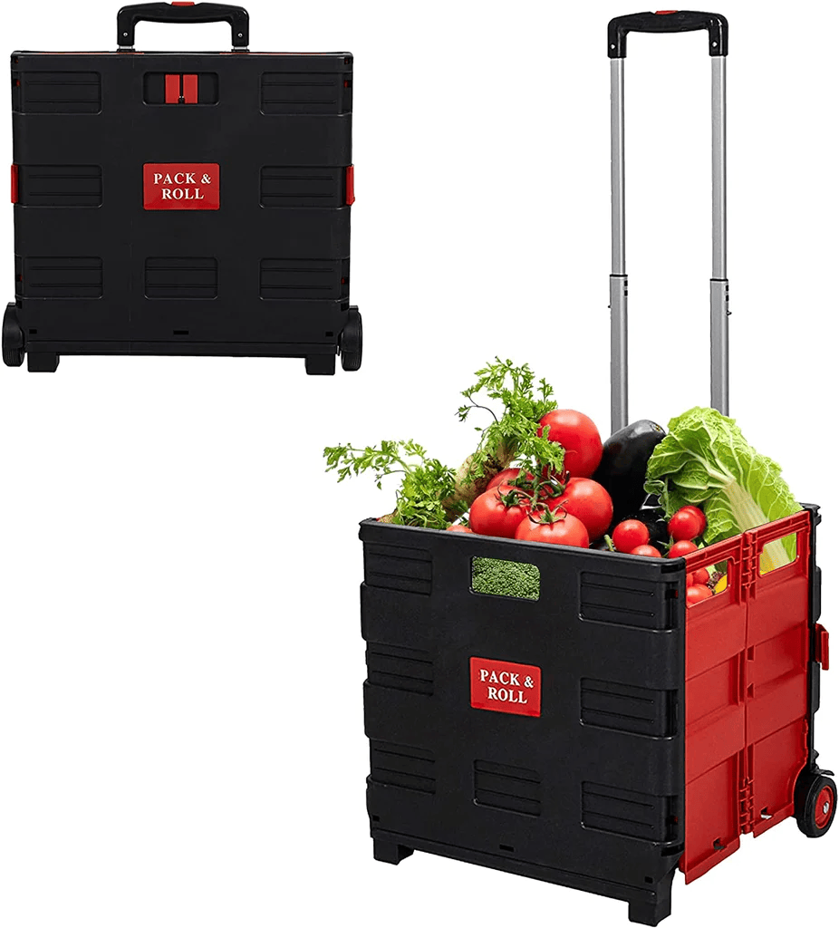 56L Large Folding Rolling Utility Shopping Cart Black & Red/Green - KM2449