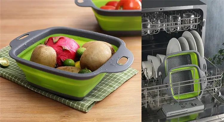 LMETJMA Square Collapsible Colander Silicone Kitchen Foldable Colander Food Vegetable Fruit Strainers Drainer JT39