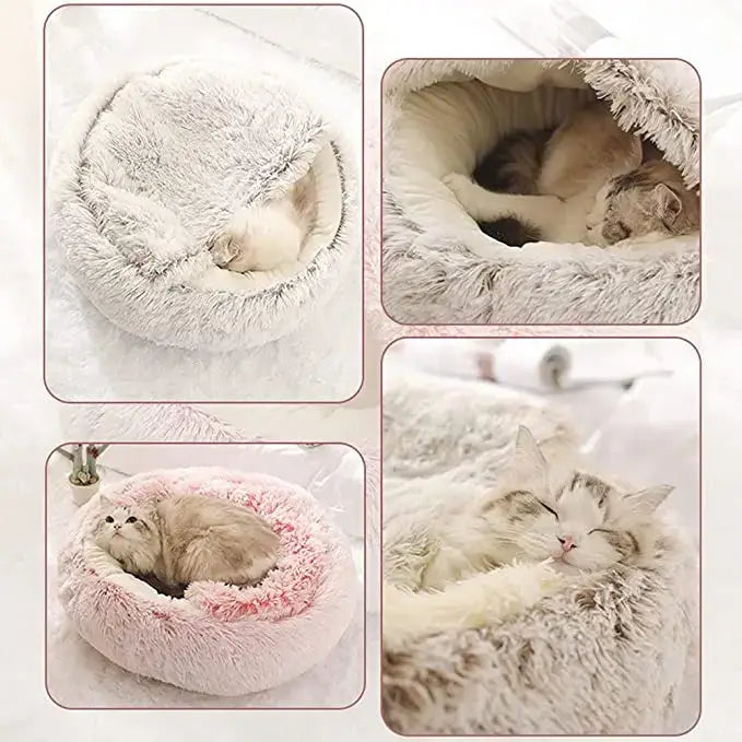 Winter Long Plush Pet Cat Bed Round Cat Cushion House Warm Cat Basket Cat Sleep Bag Cat Nest Kennel 2 In 1 For Small