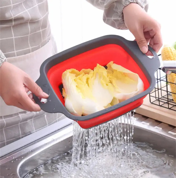 LMETJMA Square Collapsible Colander Silicone Kitchen Foldable Colander Food Vegetable Fruit Strainers Drainer JT39