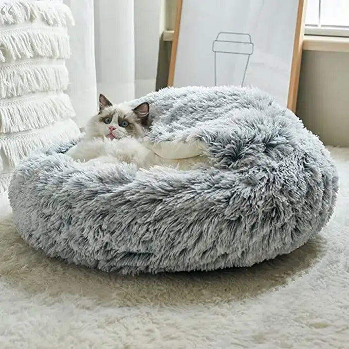 Winter Long Plush Pet Cat Bed Round Cat Cushion House Warm Cat Basket Cat Sleep Bag Cat Nest Kennel 2 In 1 For Small