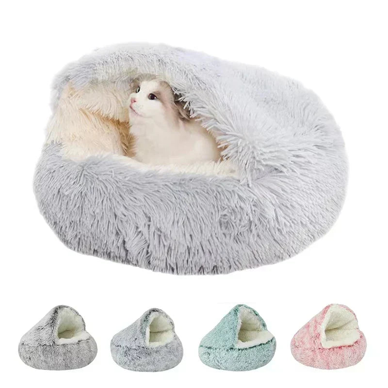 Winter Long Plush Pet Cat Bed Round Cat Cushion House Warm Cat Basket Cat Sleep Bag Cat Nest Kennel 2 In 1 For Small