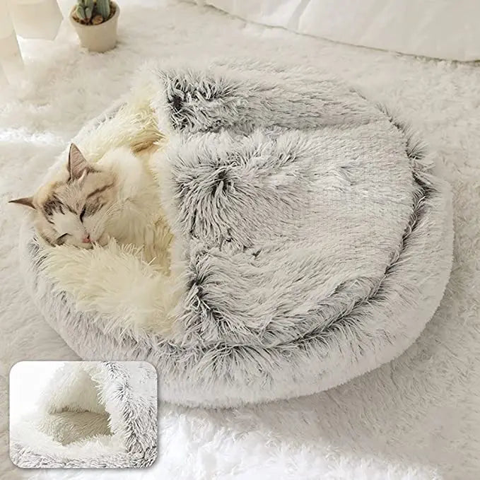 Winter Long Plush Pet Cat Bed Round Cat Cushion House Warm Cat Basket Cat Sleep Bag Cat Nest Kennel 2 In 1 For Small