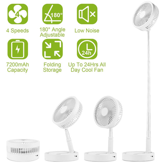 Portable Folding Desk Table Fan Quiet USB Rechargeable Telescopic Standing Floor Fan - White