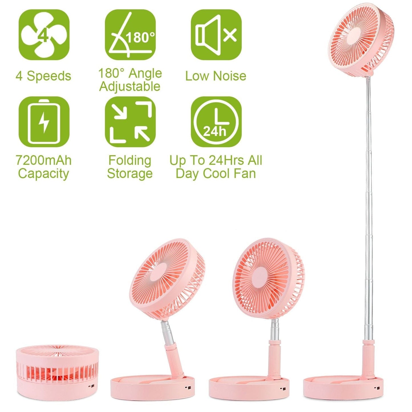 Portable Folding Desk Table Fan Quiet USB Rechargeable Telescopic Standing Floor Fan - Pink