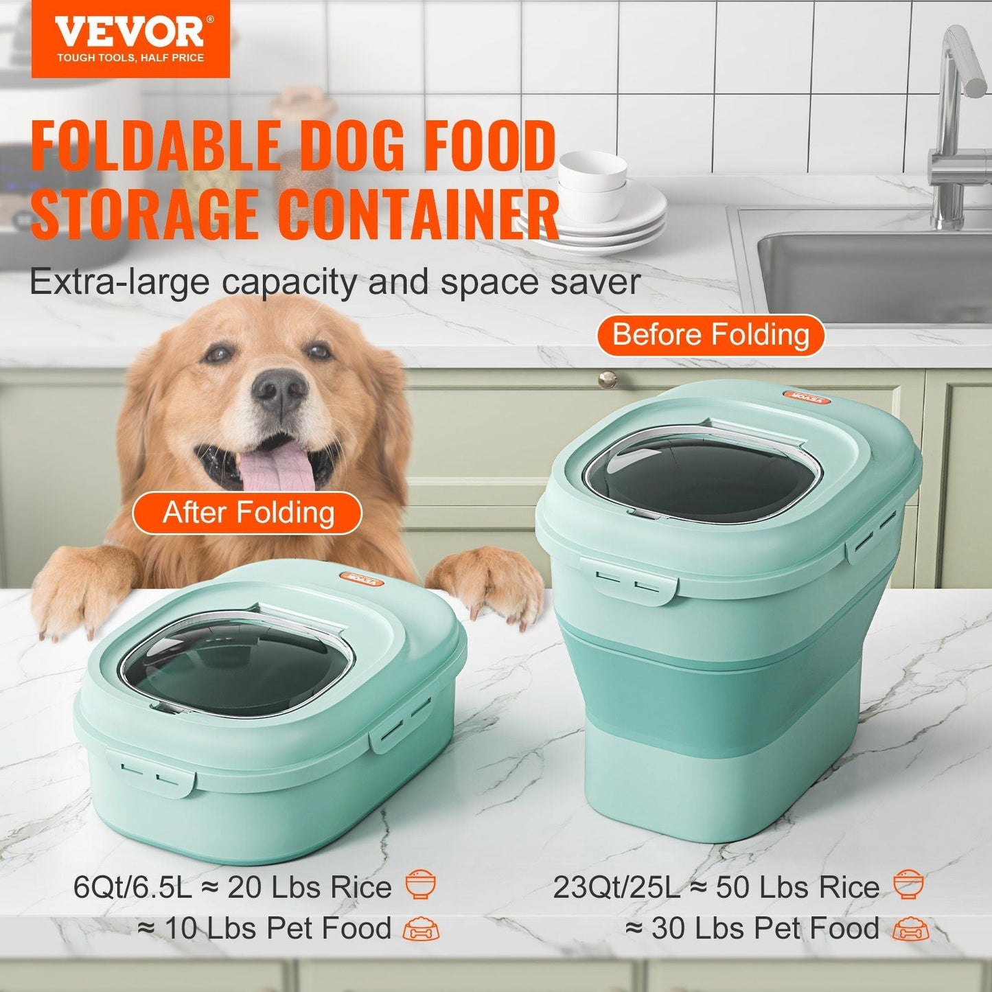 VEVOR Collapsible Dog Food Storage Container 50 lbs Capacity Large Dispenser Bin with Attachable Casters Airtight Lid